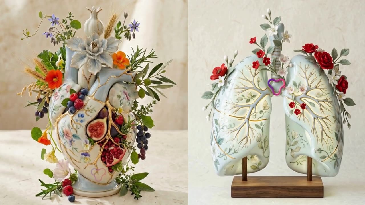 Campaña visual sobre nutrición y seguridad en disfagia: órganos y jarrones de porcelana con frutas y flores esculpidas.