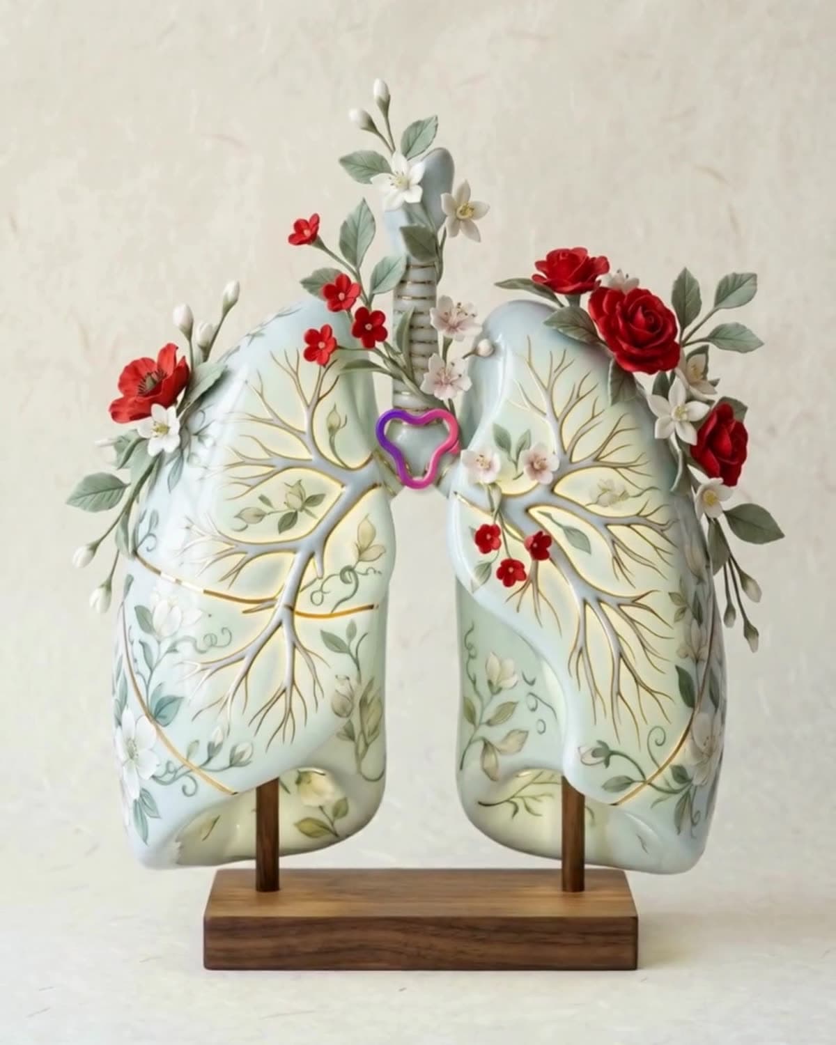 Pulmones de porcelana con ramas, hojas y rosas rojas esculpidas, sobre un soporte de madera, del caso de campaña visual sobre disfagia.
