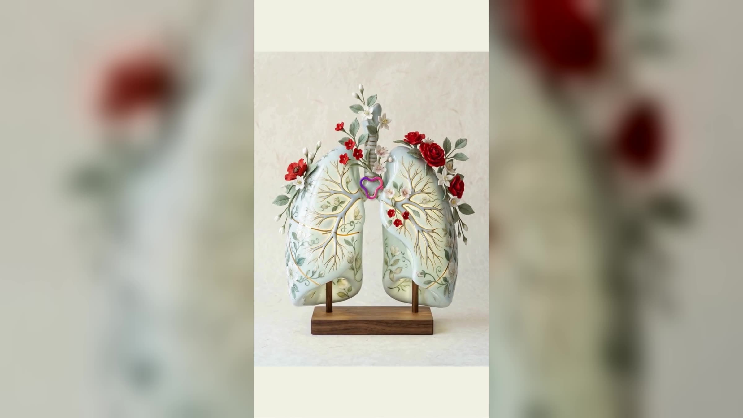 Polmoni di porcellana con rami, foglie e rose rosse scolpite, su un supporto di legno, dal caso di campagna visiva sulla disfagia.