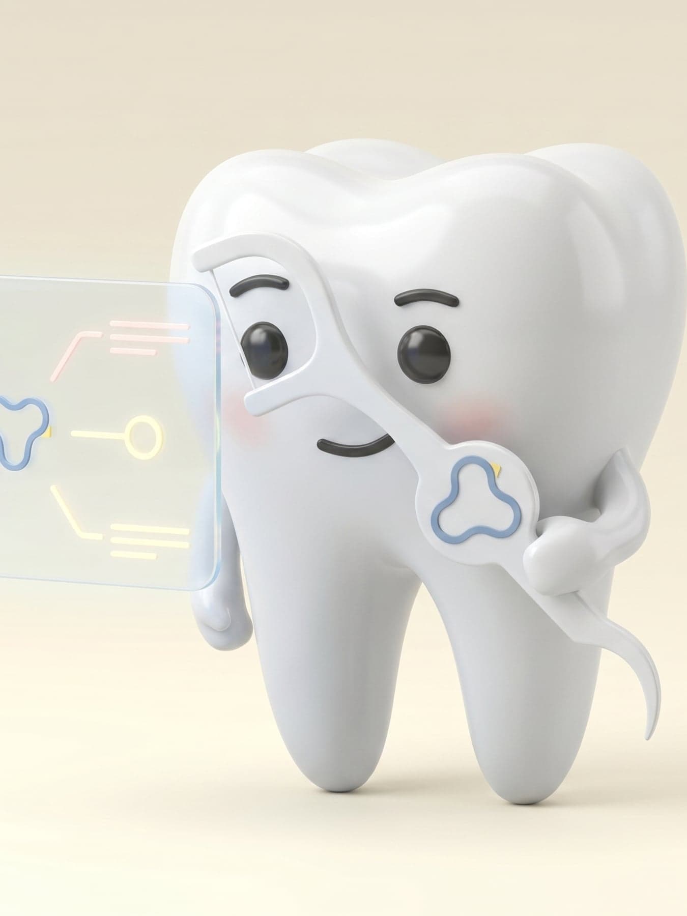 Moli el Molar, mascota de diente con sombrero de detective, lupa y checklist con el isotipo de Cesea — caso de branding para clínica dental.