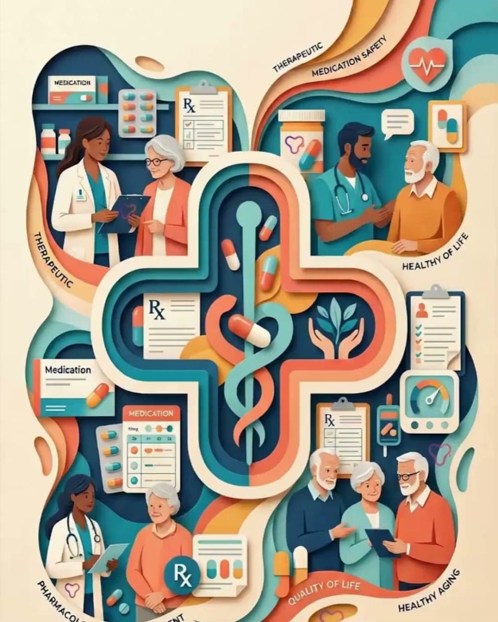 Ilustración craft en capas de una cruz de farmacia con recetas, medicación y personas mayores acompañadas por profesionales de salud.