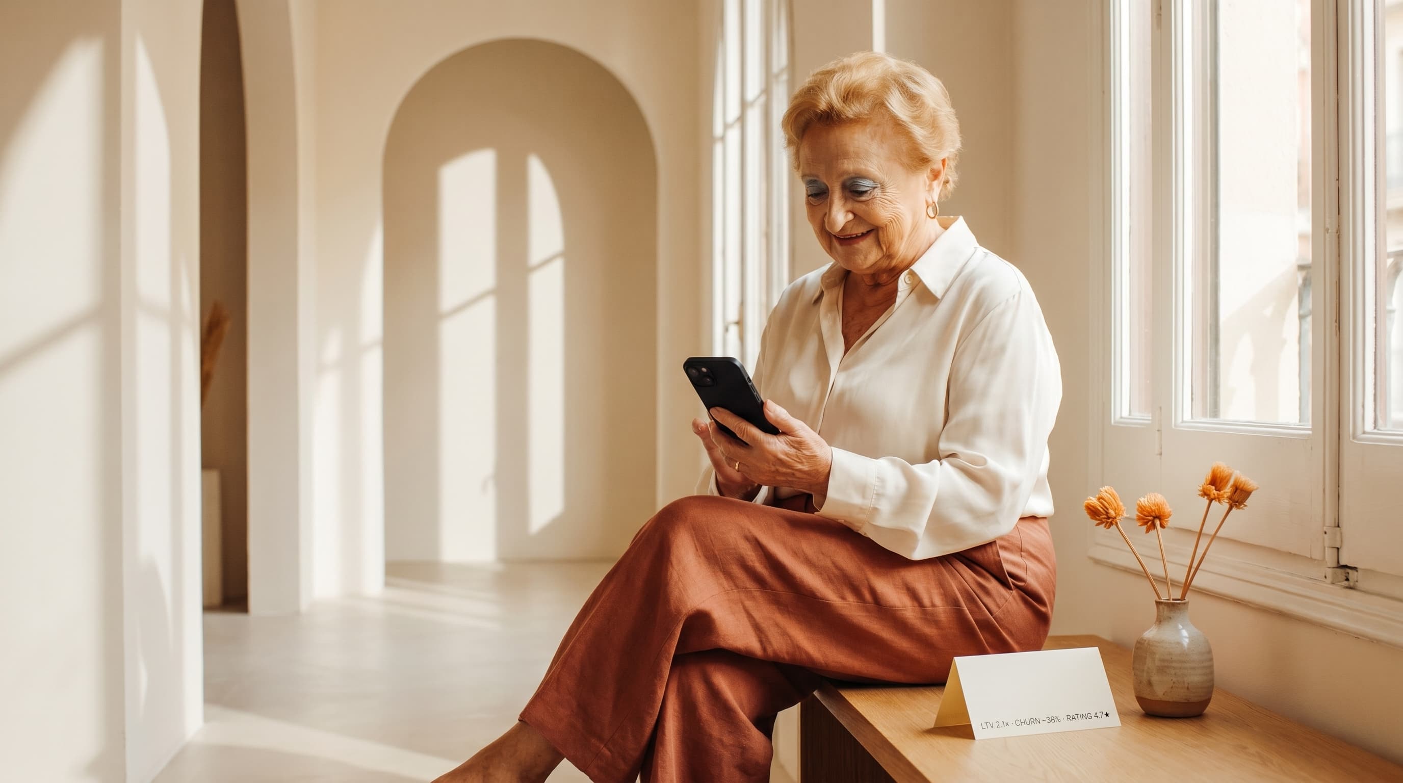 Escena de oficina contemporánea Eixample con la mascota CESEA mostrando rating de app y notificación lifecycle — caso ASO y CRM.