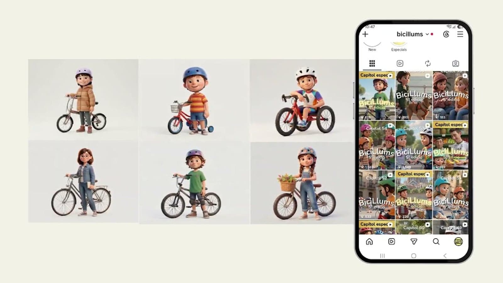Personajes infantiles en bicicleta de la serie BiciLlums junto a una captura real de su perfil de Instagram con los capítulos publicados.