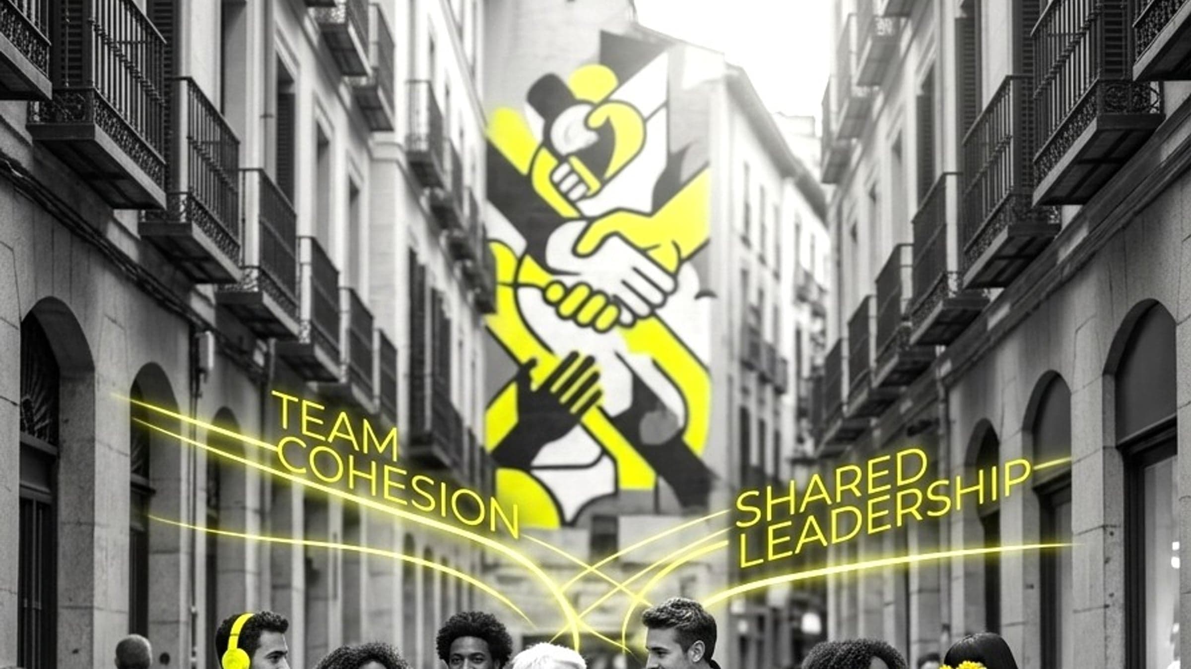 Mural urbano de manos entrelazadas en blanco y negro con destellos de neón amarillo y los textos Team Cohesion y Shared Leadership.