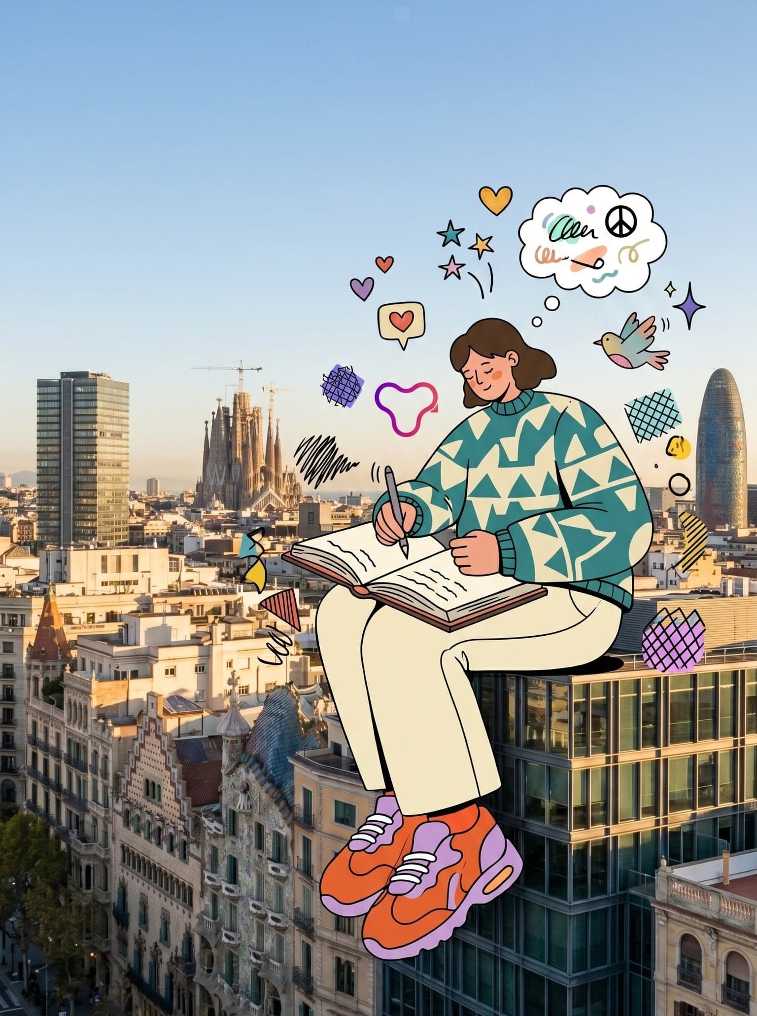 Ilustraciones urban doodle superpuestas sobre una fotografía de Plaça Catalunya, con personajes bailando y trazos de color.