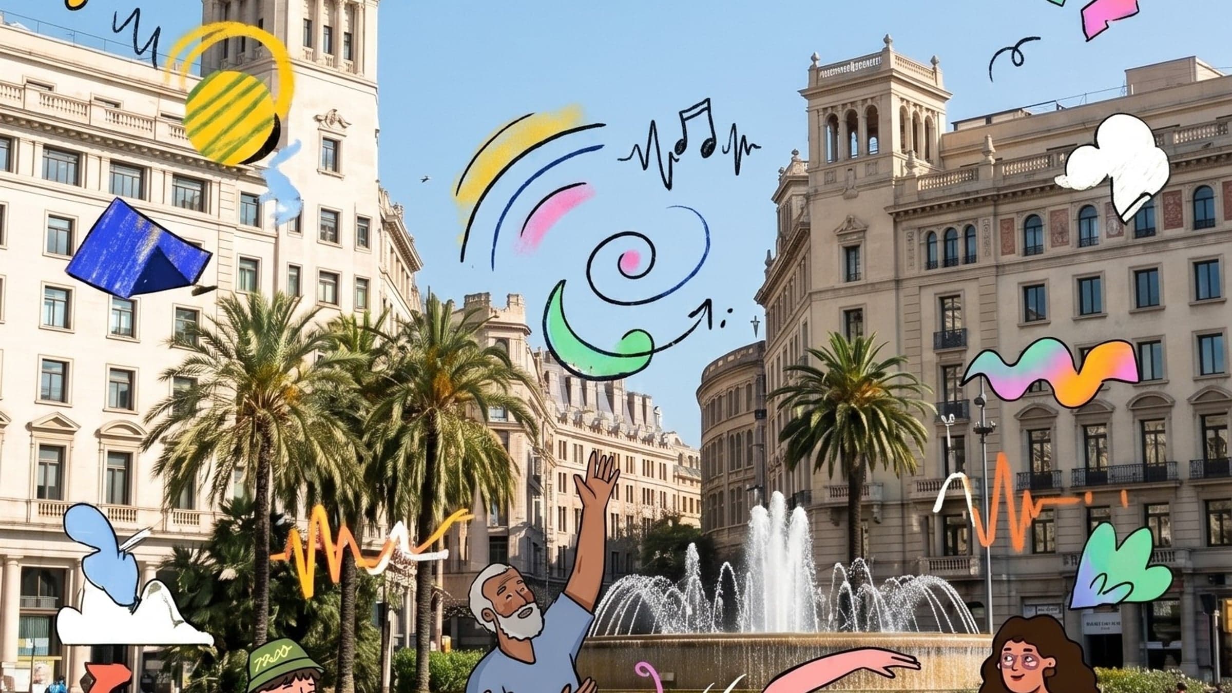 Ilustraciones urban doodle superpuestas sobre una fotografía de Plaça Catalunya, con personajes bailando y trazos de color.