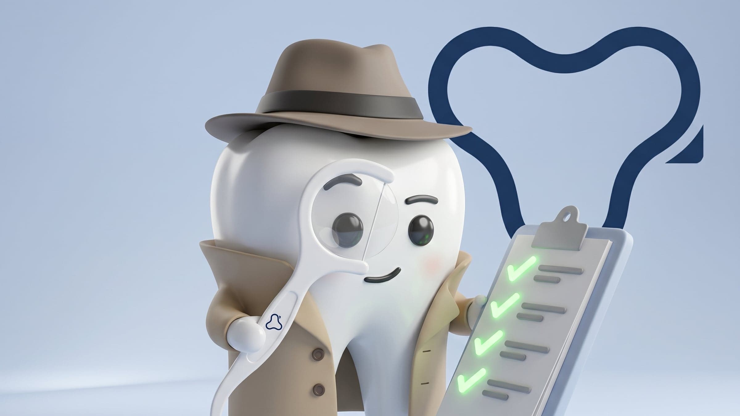 Moli el Molar, mascota de diente con sombrero de detective, lupa y checklist con el isotipo de Cesea — caso de branding para clínica dental.