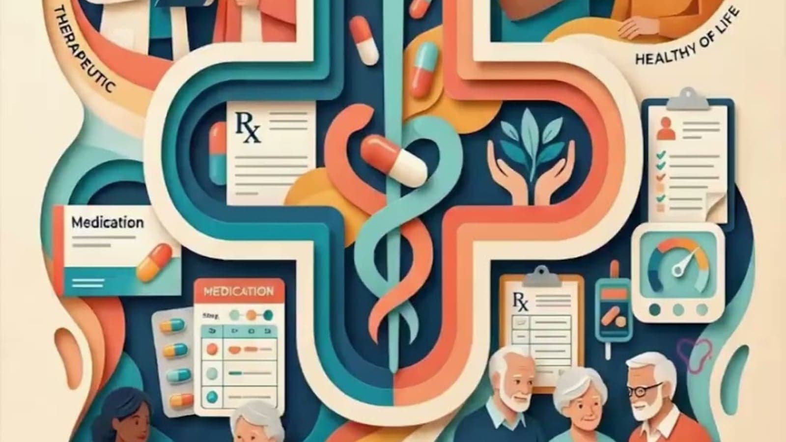 Ilustración craft en capas de una cruz de farmacia con recetas, medicación y personas mayores acompañadas por profesionales de salud.