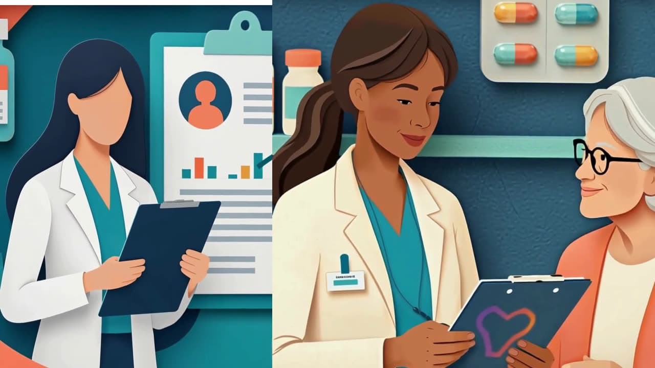 Pezzo audiovisivo in stile craft sulla gestione responsabile dei farmaci: croce della farmacia, ricette e professionisti della salute costruiti a strati.